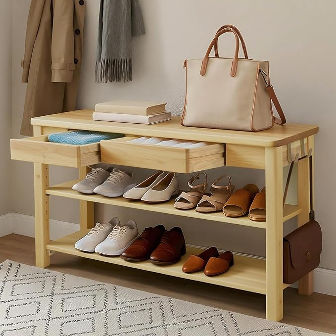Shoe Storage Bench Wood Entryway: Shoe Rack Bench with Drawer 3-Tiers Height Adjustable,Rustic Wooden Organizer for Front Door Entrance Hallway Living Room,Mudrooms (Natural 2-Tiers, 43.3")