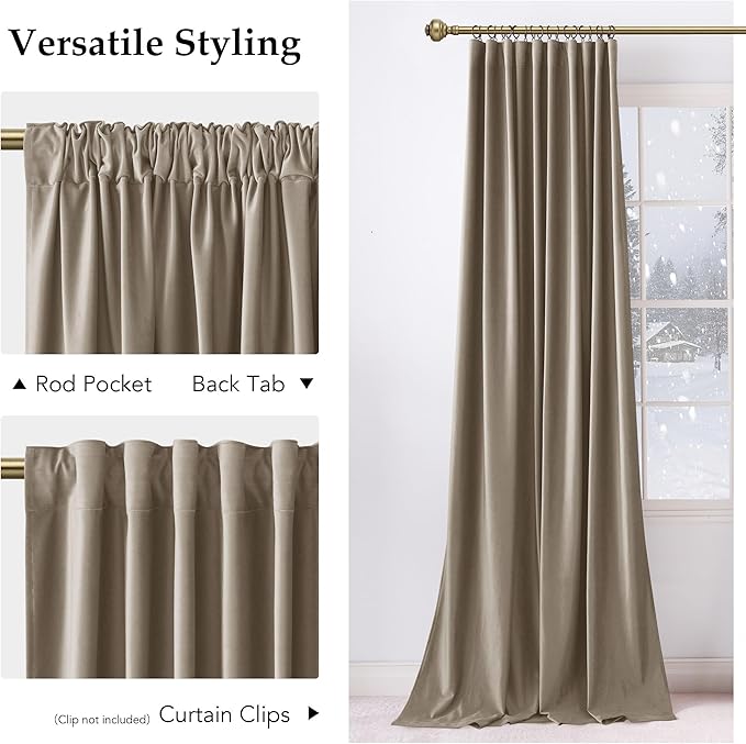 NICETOWN Camel Room Darkening Velvet Curtains 120 inch Long, Warm and Classic Modern Style Home Decor Rod Pocket for Living Room and Apartment, Set of 2, 52" Width
