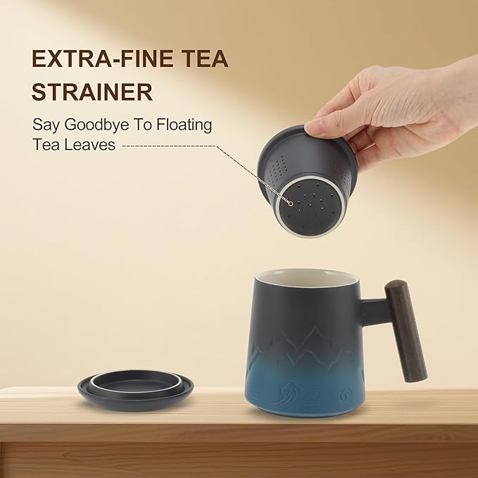 Tea Cup with Infuser, 13.5oz Ceramic Tea Infuser Mug with Wood Handle and Cup Lid, Tea Strainer Cup for Loose Leaf Steeping, Blue&Black