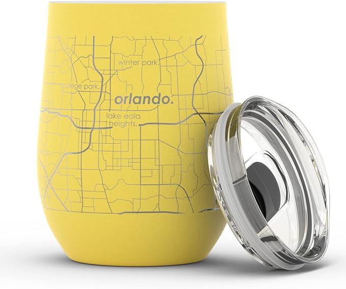 Well Told Engraved Orlando Florida Map Insulated Wine Tumbler, Etched Stainless Steel Cup (12 oz, Sunrise Yellow) City Map Insulated Tumbler, Custom Insulated Tumbler, Outdoor Drinkware