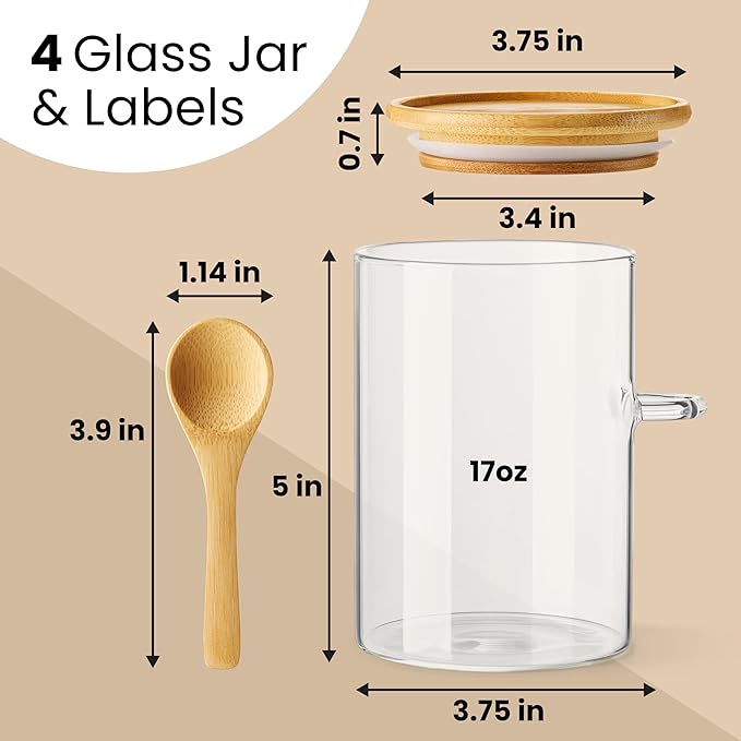 Talented Kitchen Glass Food Storage Containers with Lids - 4-Pack 17 oz Glass - Stackable Kitchen Jars for Pantry, Spice Jars & Coffee Containers for Countertop - Attached Spoons & 157 Labels
