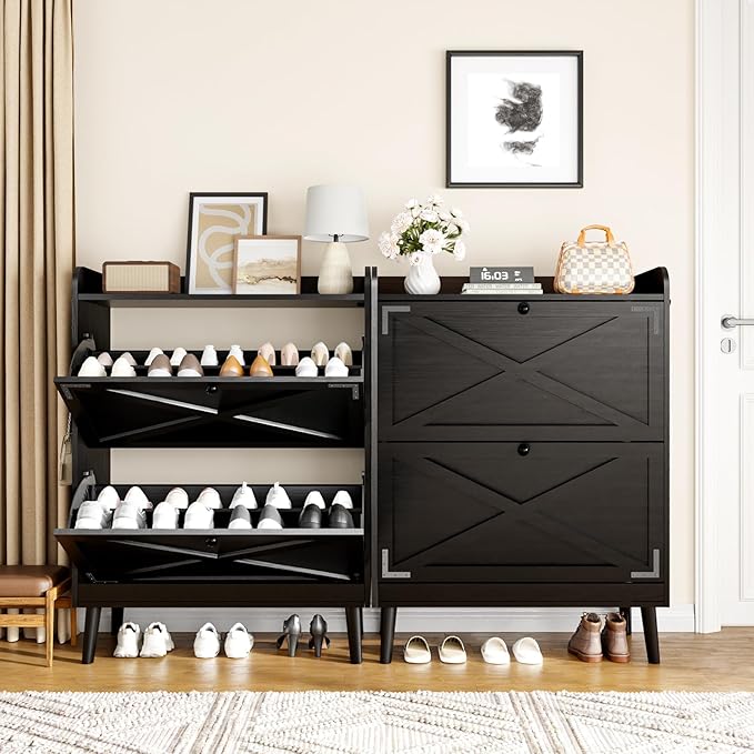 Shoe Storage Cabinet with 2 Flip Drawers & Adjustable Shelves,Narrow Shoe Cabinet Storage with Doors Side Hooks Wooden Shoe Rack Cabinet for Entryway,Hallway,Rustic Black