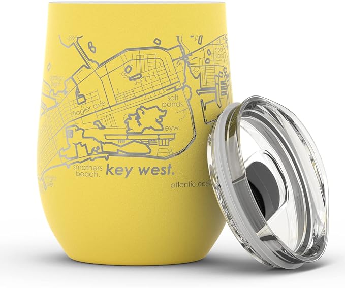 Well Told Engraved Key West Florida Map Insulated Wine Tumbler, Etched Stainless Steel Cup (12 oz, Sunrise Yellow) City Map Insulated Tumbler, Custom Insulated Tumbler, Outdoor Drinkware
