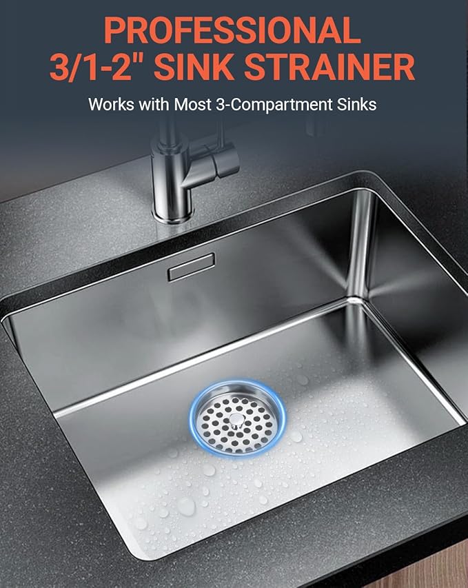 3-1/2 Inch Commercial Sink Strainer - 304 Stainless Steel Clog-Free Drain Cover, Precision Fit for 3.5" Drains & 3 Compartment Sinks, Heavy-Duty for High-Volume Kitchens