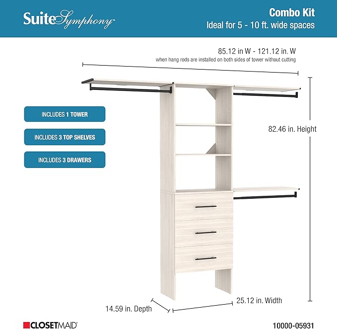 ClosetMaid SuiteSymphony 25-Inch Closet System Tower with (3) Hanging Rods, (3) Drawers, and (3) Top Shelves, White Timber