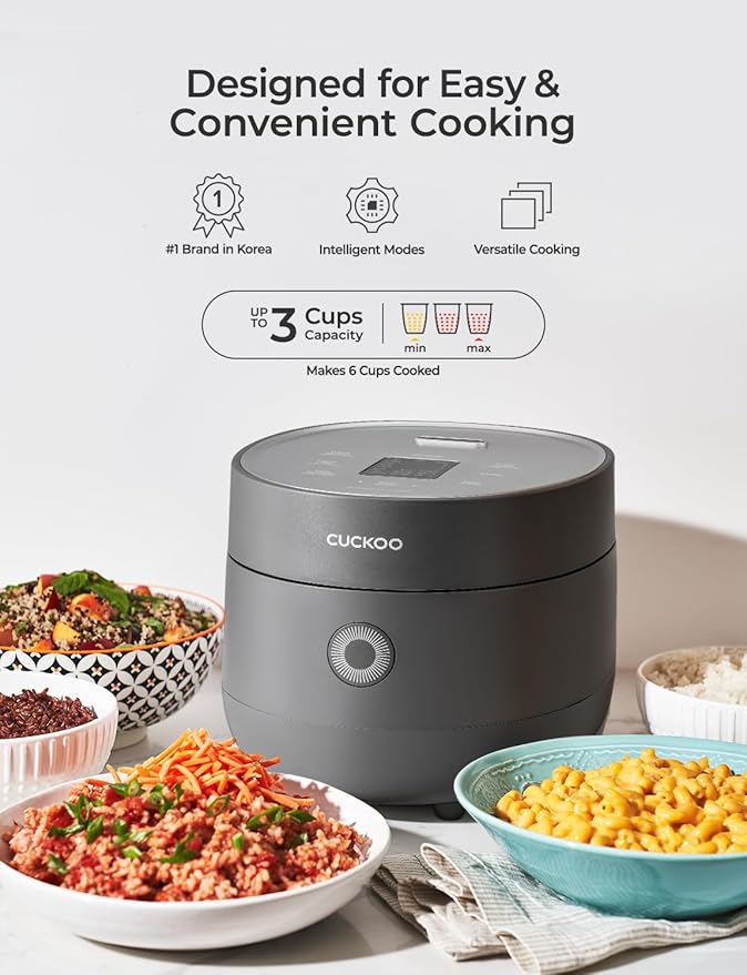 CUCKOO Micom Rice Cooker 3-Cup Uncooked / 6-Cup Cooked with Nonstick Inner Pot, Small Rice Maker with 8 Menu Options, Fuzzy Logic Technology, Auto Clean, Quick Rice Mode, Gray (CR-0375FG)