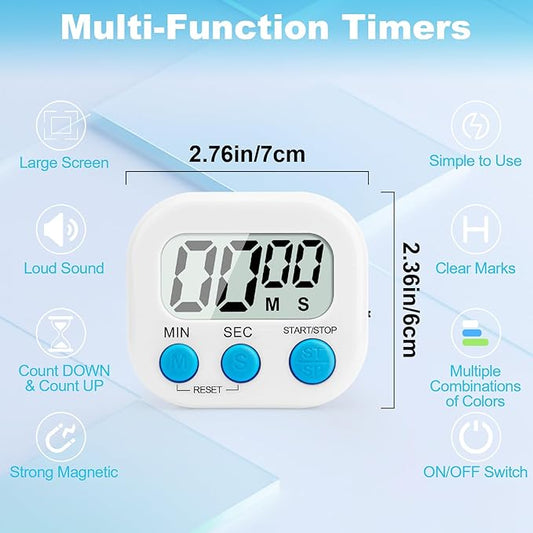 6 Pack Digital Kitchen Timer Multi-Function Magnetic Timers Classroom Timer for Kids Loud Alarm Big LCD Display Electronic Timers for Cooking, Classroom, Exercise, Study, Meeting(Blue, Green, White)