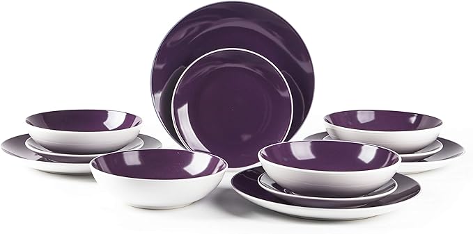 Stoneware Coupe Shape 12pc Dinnerware Set, Outside White + Inside Violet