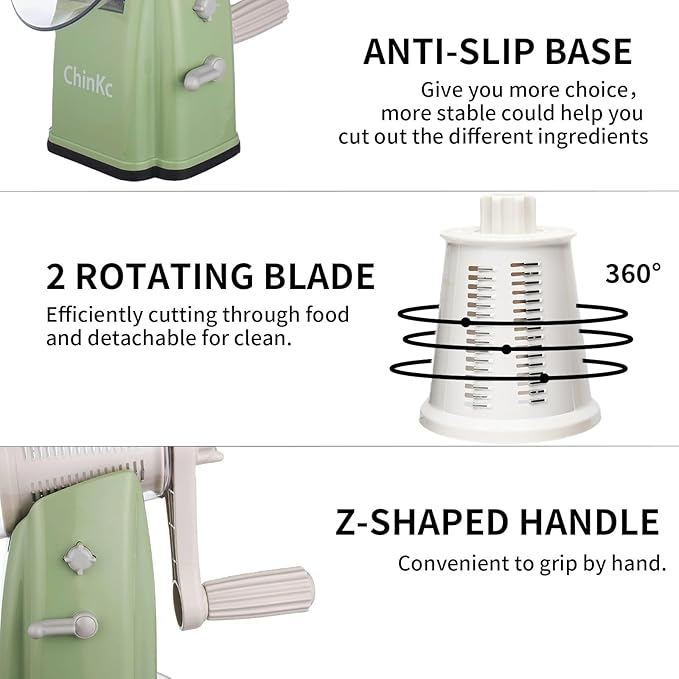 Rotary Cheese Grater Shredder - Upgraded 5 in 1 Cheese Grater with Handle and Strong Suction Base, Multi-purpose Julienne Slicer Ice Shaver Nuts Grinder for Ice, Vegetables, Fruit, Nuts