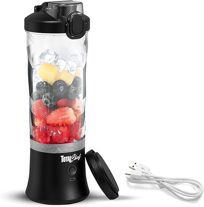 Total Chef Portable Blender - For Smoothies & Protein Shakes, USB Rechargeable Cordless Mini Travel Mixer, Personal Juicer, Ice Crusher, Blender Bottle for Home & Kitchen, 20oz, Black