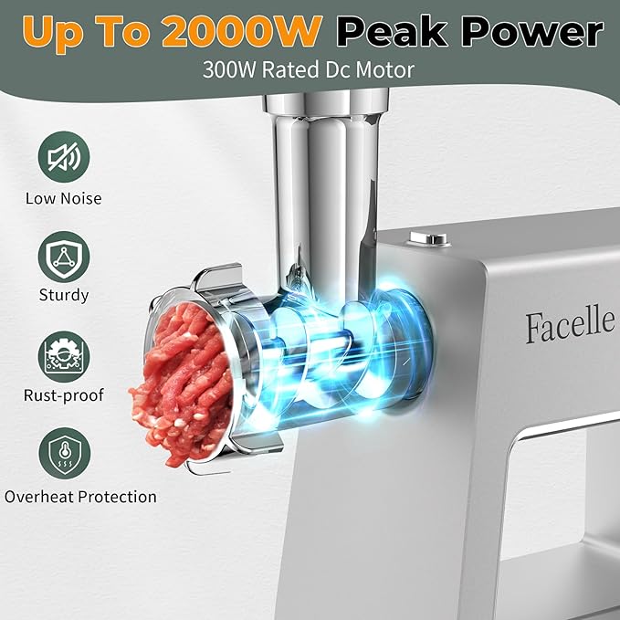 Facelle Electric Meat Grinder for Home Use, Mincer Machine with Stainless Steel Blades & 3 Grinding Plates,Sausage Stuffer & Kubbe Kit, Food Grinder for Burgers, Kibbeh, Beef Sticks, Dog Food