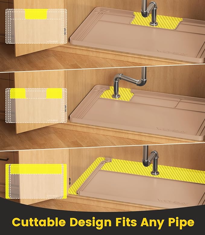 Under Sink Mats for Kitchen Waterproof, Cut to Fit Under Sink Drip Tray for Kitchen Bathroom Cabinets, Silicone Under-Cabinet Hold Up to 3.3 Gallons Liquid, 34" X 22" Or Smaller -Khaki