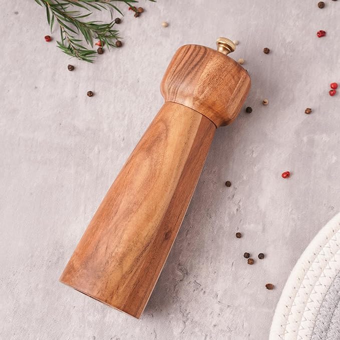 Salt Mill, Salt or Pepper Grinder with Adjustable Ceramic Grinding Core, Spice mill for Pepper and Salt, Acacia Wood, 8 inch/20.5 cm Height, Bottom DIA: 2.36 inch/6 cm(Tray is NOT Included)
