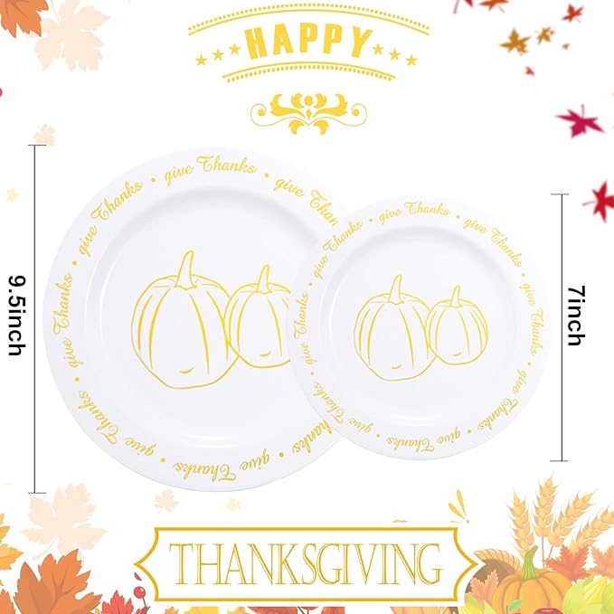 supernal 60pcs Thanksgiving Plastic Plates,Thanksgiving Plates with Gold Pumpkin Design, Fall Party Plate Bulk Include 7.5" Dessert Plate,10.25" Disposable Dinner Plato for Friendgiving Party
