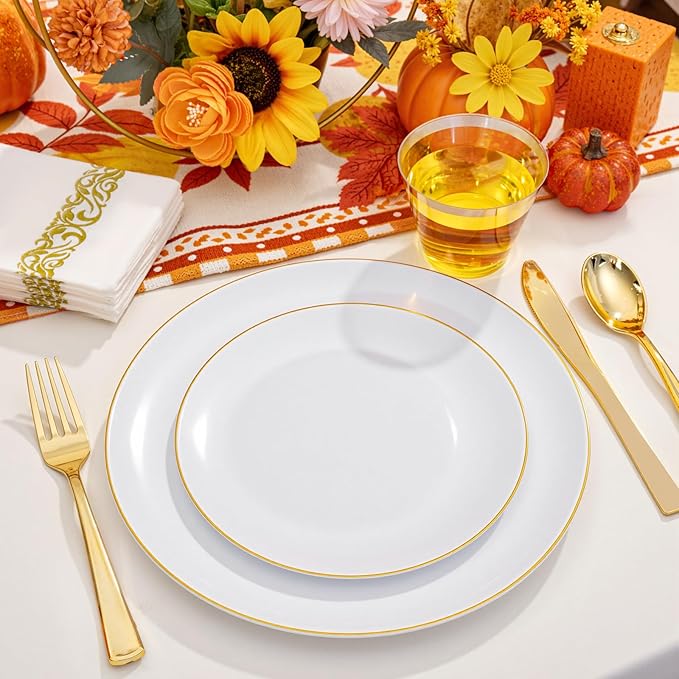 NOCCUR 350PCS Gold Disposable Dinnerware Set for 50 Guests - White and Gold Plastic Plates Include 50 Dinner/Dessert Plates, 150 Silverware and 50 Napkins/Cups Ideal for Party/Christmas