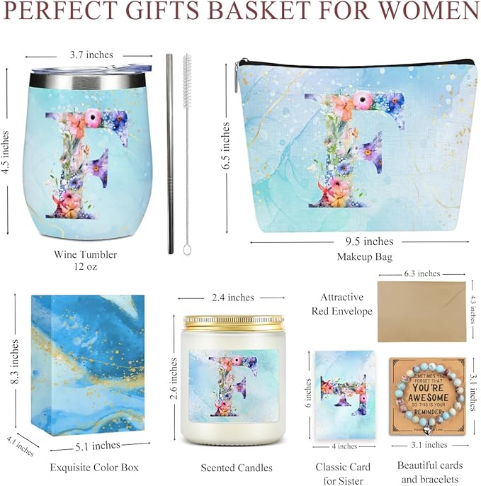 Personalized Gifts Monogrammed Birthday Gifts for Women, Aunt Grandma Retirement Christmas Initial Wine Tumbler Makeup Bag Scented Candle Bracelet Set, (Aesthetic Blue Flower F)