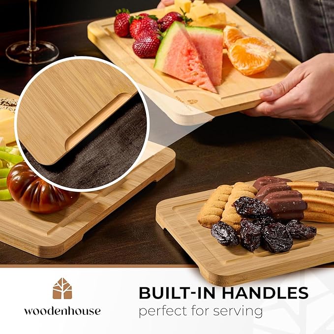 Bamboo Cutting Board Set of 3 - Thick & Durable Wood Cutting Boards with Deep Juice Grooves & Build-in Handles, Large Surface, Easy to Clean – for Meat, Vegetables and Fruits