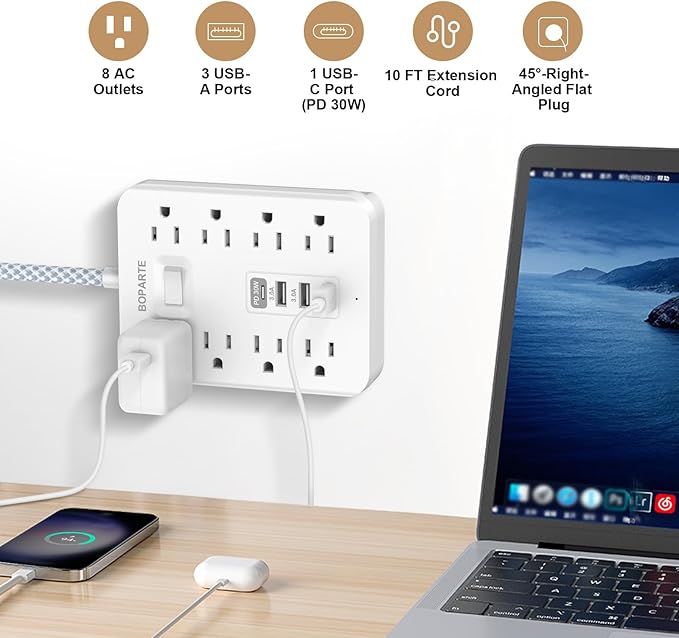 Surge Protector Power Strip, 10 Ft Extension Cord with PD 30W USB C Port, 8 AC Outlets and 3 USB A Ports for Home, Office, Dorm Essentials, 1700 Joules, White