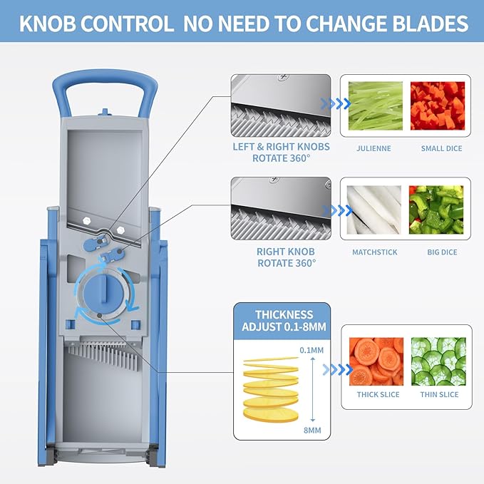 Upgrade Safe Mandoline Slicer for Kitchen, Vegetable Chopper Food Cutter, Potato Slicer Thickness Adjuster, French Fry Cutter, Veggie Dicer Faster With Spiralizerfor Meal Prep Blue