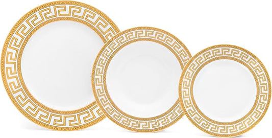 Porcelain Dinnerware Set for 4-12 Piece Gorgeous Dish Set - Gold Greek Key Inspired Design - Kitchen Set for Everyday Dishes or Formal Occasions (Meander Gold 12DIN)