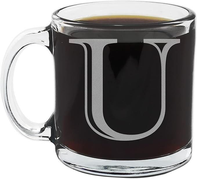 Spotted Dog Company Etched Monogram 12oz Clear Glass Coffee Mug (Letter U), A-Z Customized Coffee Gifts, Custom Engraved Gifts for Women Her, Personalized Gift for Men, Initial