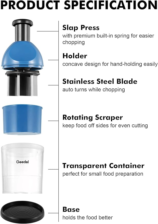 Geedel Food Chopper, Easy to Clean Manual Hand Vegetable Chopper Dicer, Dishwasher Safe Slap Onion Chopper for Veggies Onions Garlic Nuts Salads