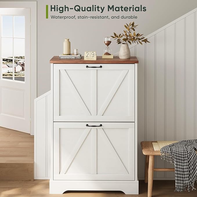 Shoe Cabinet, Shoe Storage Cabinet for Entryway with 2 Flip Drawers, Narrow Farmhouse Shoe Organizer Cabinet, Slim Shoe Rack Cabinet, White