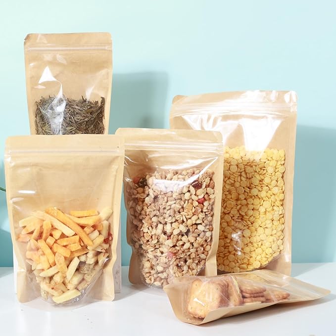 150-pack 5.9” x 8.7” Stand Up Kraft Paper Mylar Bags with Clear Window Resealable Foil Pouches for Food Storage Smell Proof Edible Packaging Bag for Small Business, Bulk