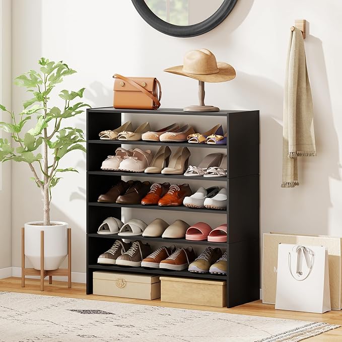 COSTWAY 6-Tier Shoe Rack, Extra Wide Shoe Shelf Organizer with Stackable Design, 31" Freestanding Adjustable Storage Shoe Stand for Small Space Entryway Hallway Closet (1,Black)