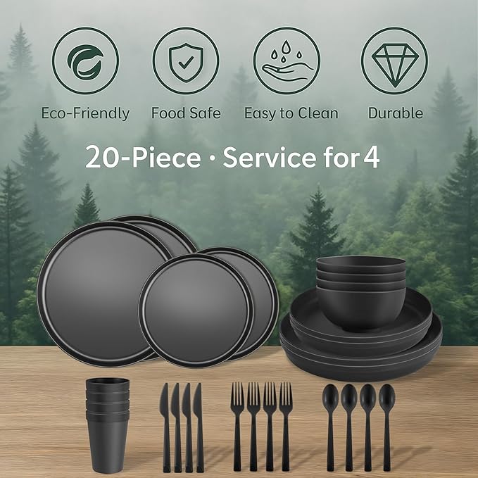 20 Piece RV & Camping Dinnerware Set, Elegant Ceramic-Look Large Bowls & Plates, Unbreakable & 100% Microwave Safe, Melamine Alternative Service for 4, Gray