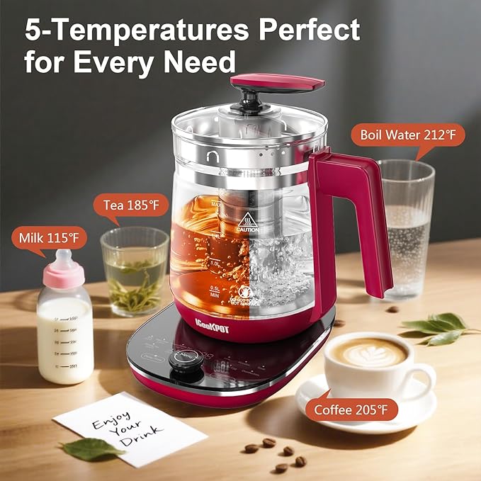 Electric Kettle, 1.5L Borosilicate Glass Hot Water Kettle Electric & Tea Kettle for Coffee or Tea, BPA Free, Auto Shut-Off, Stainless Steel, Red, 1200w