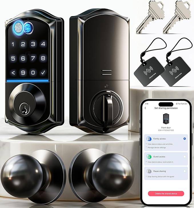 Veise VE017-K Fingerprint Smart Lock with 2 Knobs, App Control, Keyless Entry Front Door Lock with Handle Set, Electronic Digital Touchscreen Keypad Deadbolt, IP55 Waterproof, Auto-Lock, Matte Black