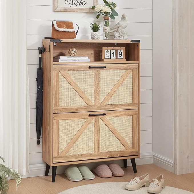 Shoe Storage Cabinet, Boho Rattan Shoe Organizer with 2 Flip Drawers,Farmhouse Freestanding Hidden Slim Narrow Shoe Rack Cabinet with Open Shelves for Entryway, Foyer,Hallway, Natural