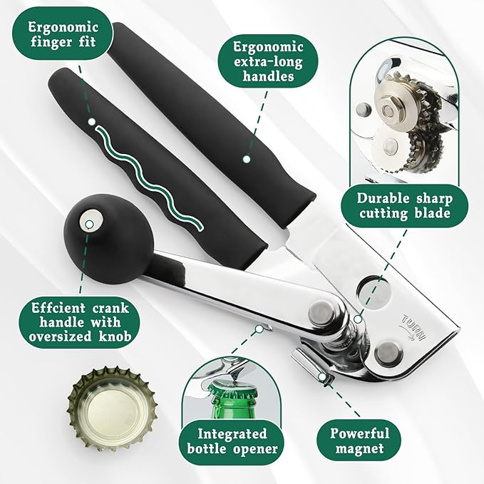 Manual Can Opener with Magnetic Lid Lifter – Heavy-Duty Handheld Can Opener for Large Cans with Ergonomic Handle, Bottle Opener Hook, Smooth Edge Cutting