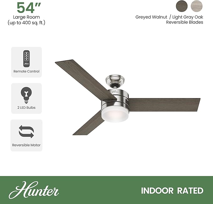 Hunter 54in Contemporary Ceiling Fan with Remote Control in Brushed Nickel (Renewed)