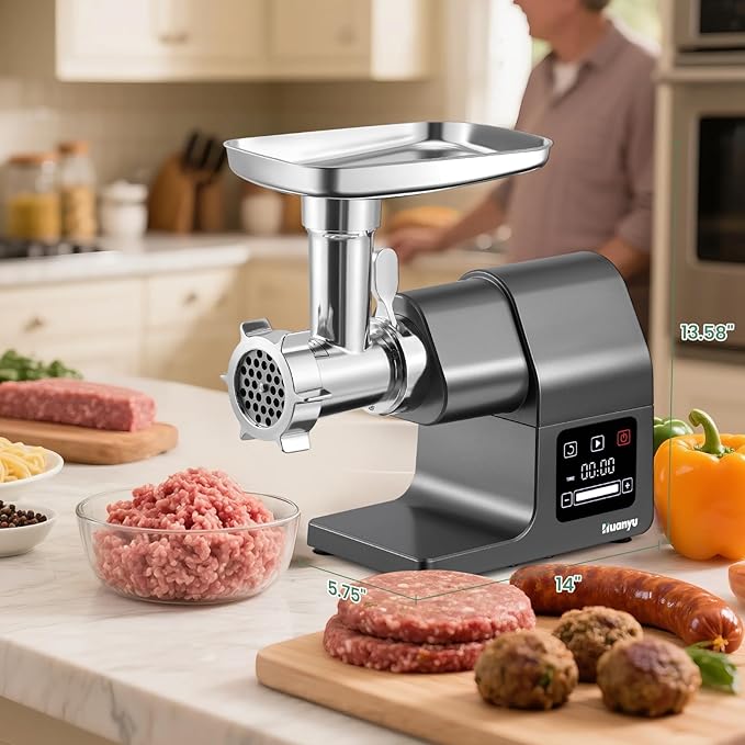 Huanyu Meat Grinder Electric 2000W Max Power Heavy Duty with Touchscreen, 2 Blades, 3 Plates, Sausage Tubes and Kubbe Kit #10 Outlet for Home Use