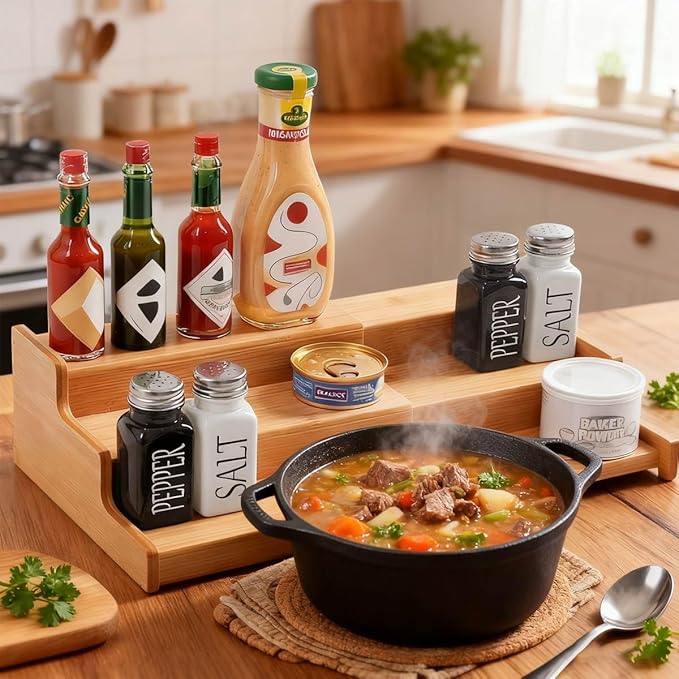 JinDoWin 2 Pack Bamboo Spice Organization for Cabinet, Cabinet Spice Organizer, 3-Tier Spice Rack Organizer for Cabinet, Kitchen Seasoning Organizer & Seasoning Rack