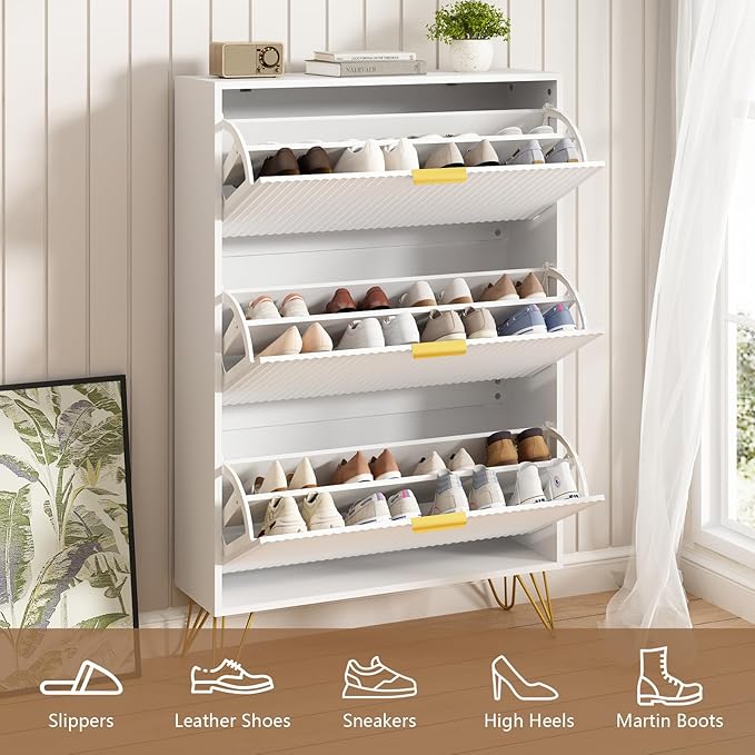 Shoe Storage Cabinet with 3 Flip Drawers, 31.5" W Fluted Shoe Cabinet for Entryway, Hidden Shoe Cabinet Storage, Narrow Free Standing Shoe Orgnaizer Rack Cabinet for Foyer Hallway, White