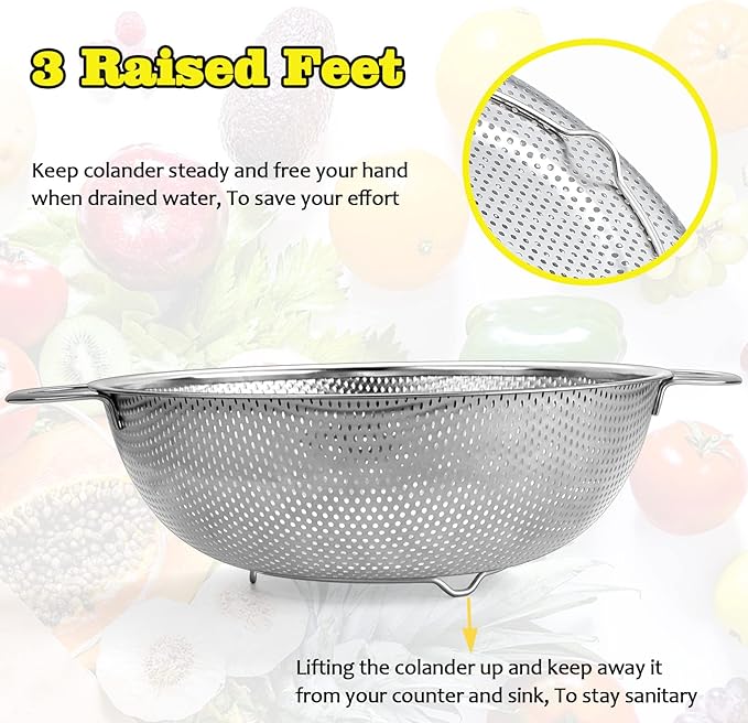 P&P CHEF Stainless Steel Colander, Micro-Perforated Food Strainer with Handle for Washing Draining, Great for Pasta Fruits Vegetables, Dishwasher Safe & Healthy, 3 + 5Qt, 2Pcs