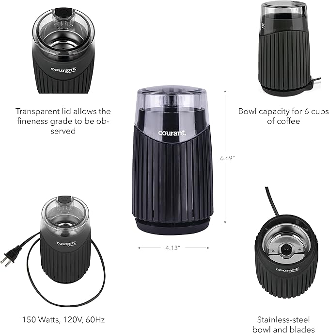 Courant Electric Coffee Grinder One Touch, Coffee Bean and Spice Grinder, With Heavy-Duty Stainless Steel Blades Durable Base,150 Watt Powerful Motor, Black