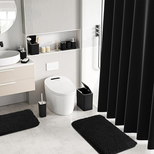 Bathroom Accessory Set - Bathroom Set, 27PC Bathroom Accessories Set, Black Bathroom Sets with Shower Curtain and Rugs, Mini Trash Can, Toilet Brush, Trash Can & Soap Dispenser