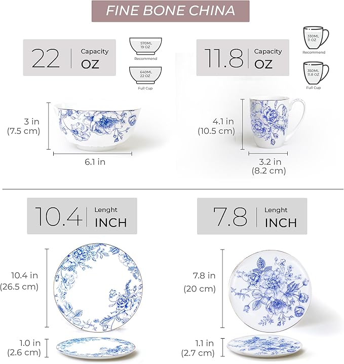 Blue Rose Plates and Bowls Sets Dishes Set for 4, Ceramic Plates and Bowls Set, Service for 4, Bone China Dinnerware Set Salad Dessert Plates, and Cereal Bowls Set, Microwave safe by KOKEN