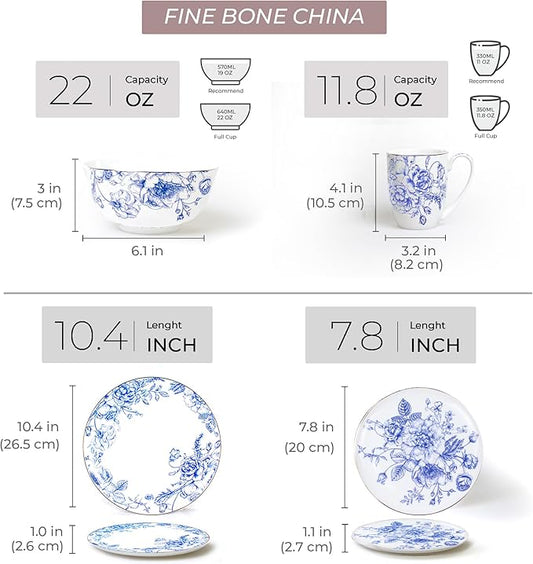 Blue Rose Plates and Bowls Sets Dishes Set for 4, Ceramic Plates and Bowls Set, Service for 4, Bone China Dinnerware Set Salad Dessert Plates, and Cereal Bowls Set, Microwave safe by KOKEN