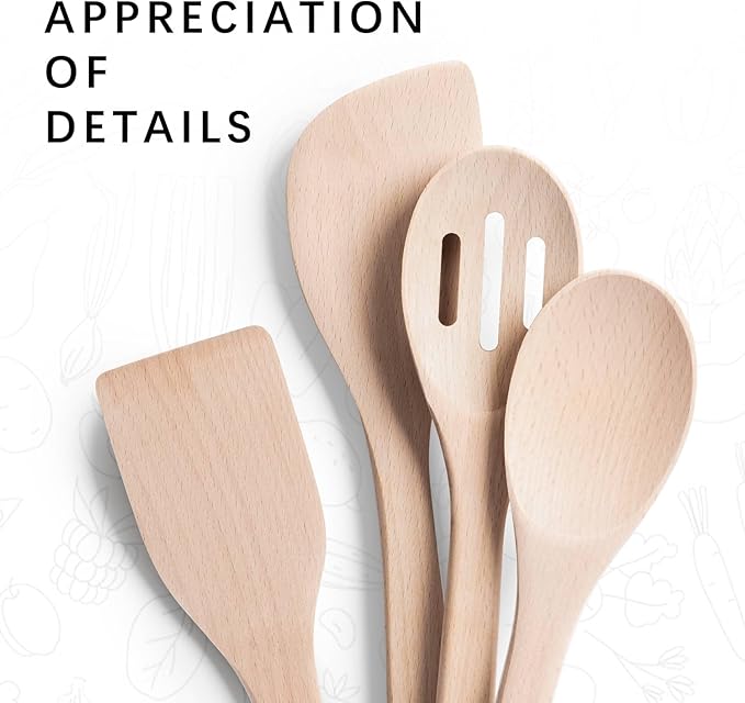 Wooden Spoons for Cooking, 4-Piece Wood Utensil Set Includes Slotted Spoon, Spoon & Wooden Spatula for Cooking – Uncoated Beech Wood Kitchen Utensil Set – 12 Inch Hardwearing Tools
