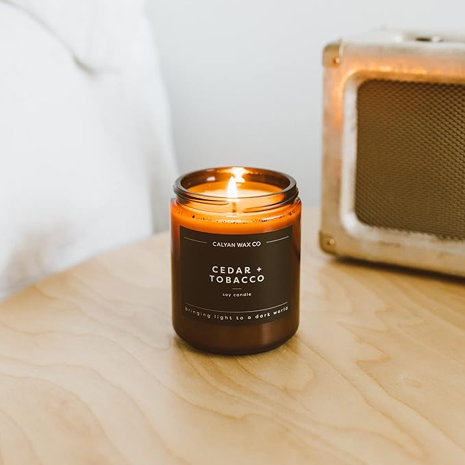 Calyan Wax Co. Cedar & Tobacco Scented Candle - 57 Hour Burn - Luxury Non Toxic Soy Wax Candles - Long Lasting Amber Glass Jar Candle for Home - 7.2oz