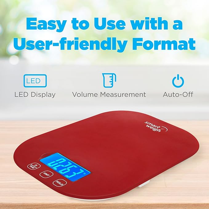 Smart Weigh Red Digital Kitchen Scale for Cooking, Weight Loss, Calorie Tracking, Baking, Food Portion Control, and Meal Prep - Accurate Measurements in Grams and Ounces