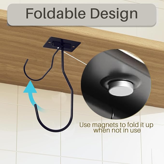 Self-Adhesive Banana Hooks, Foldable Magnetic Hanger Under Cabinet, Sturdy Metal Banana Holder for Kitchen, Space-Saving Design to Keep Bananas Fresh 2 Pieces Black