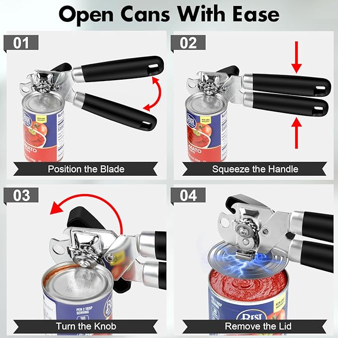 2PCS Can Opener Manual & Bottle Opener, Smooth Edge Manual Can Openers with Strong Magnet, Heavy Duty Stainless Steel Abrelatas Handheld Can Openers - Premium Kitchen Supplies (Black)
