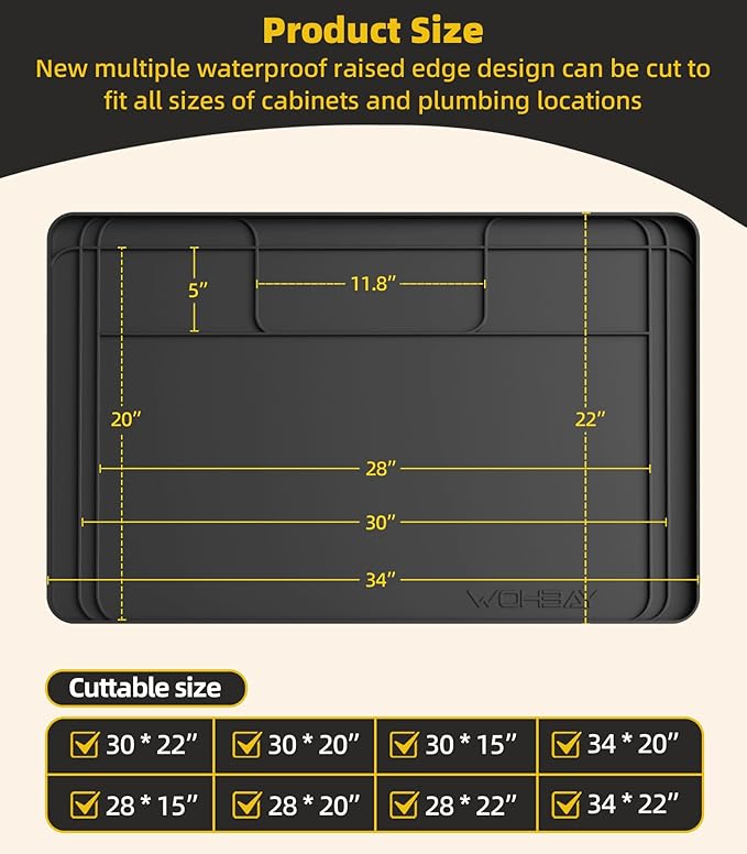 Under Sink Mats for Kitchen Waterproof, Cut to Fit Under Sink Drip Tray for Kitchen Bathroom Cabinets, Silicone Sink Liner Hold Up to 3.3 Gallons Liquid, 34" X 22" Or Smaller (Black, Large)