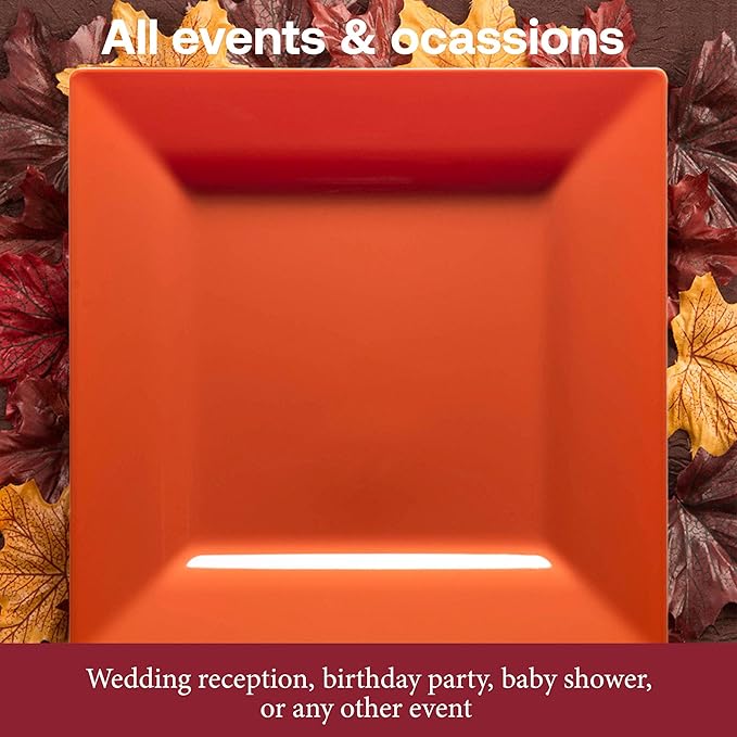 Smarty Had A Party Disposable Plastic Dinnerware, 9.5" Heavy Duty Square Orange Plates for Parties and Events, Bulk Supplies for All Occasions (120 Count)